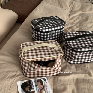 特别能装！PU格纹旅行便携式化妆包防水大容量简约随身收纳洗漱包