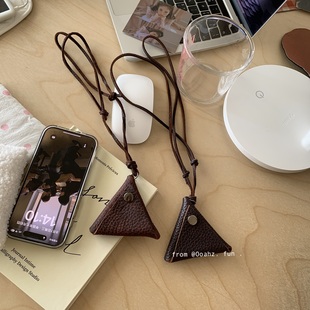 牛皮三角包 百搭挂坠饰品配饰毛衣链 日系文艺复古挂脖零钱包项链