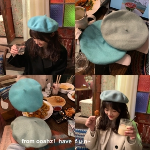 石原里美~定制青蓝配系贝雷帽 英伦复古秋冬羊毛画家帽蓓蕾帽子女