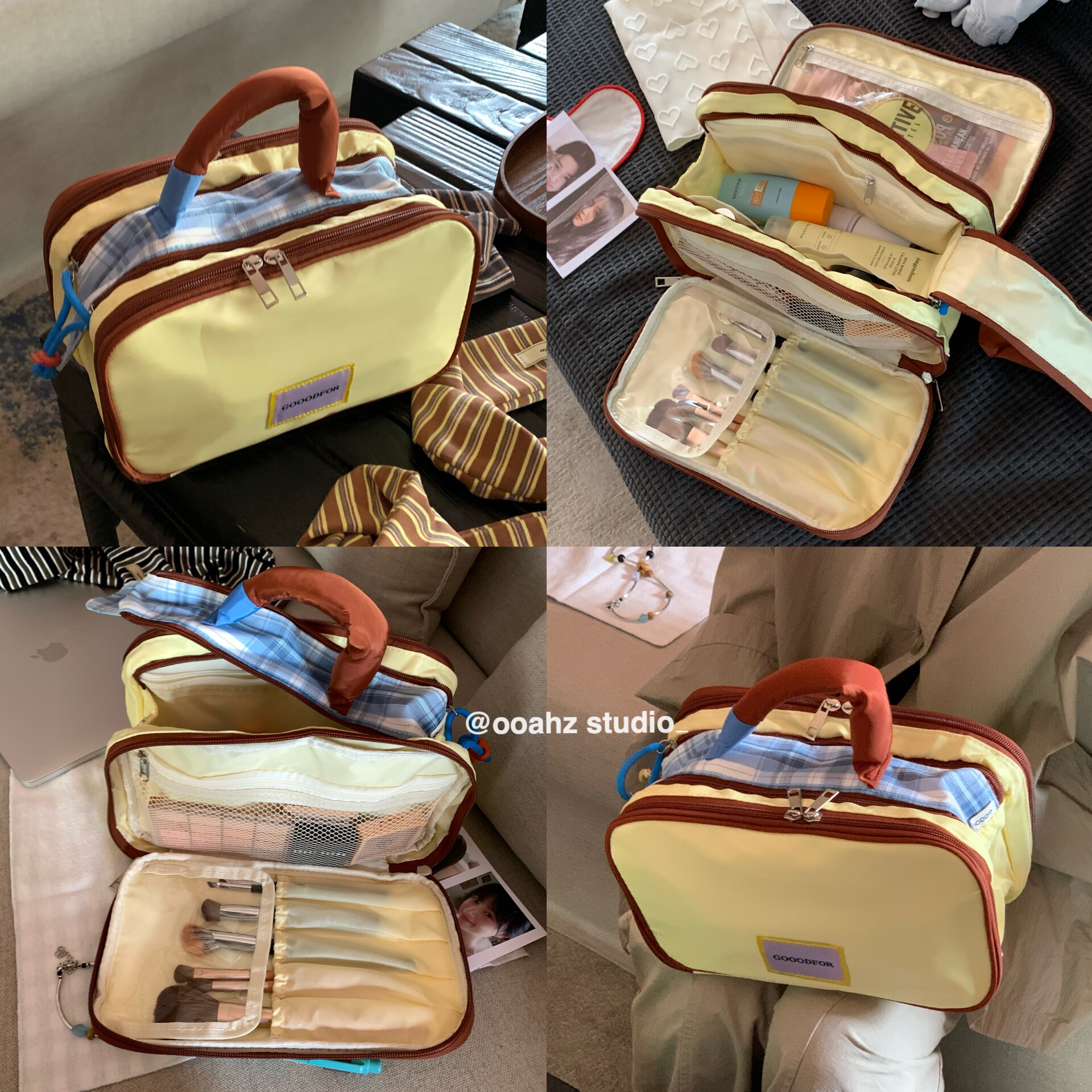 "甜品栏目"芝士黄~格纹撞色大容量化妆包 便携手提旅行洗漱收纳袋