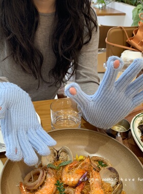 搭配尤物！ooahz定制baby蓝～冬季触屏加绒针织毛线骑车洞洞手套