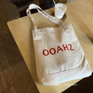 在韩务工！超厚面料~OOAHZ自制红色字母单肩帆布包百搭手提托特包