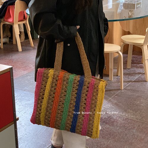 彩虹简谱~法式镂空编织手提包 度假风沙滩草编包海边单肩托特包袋