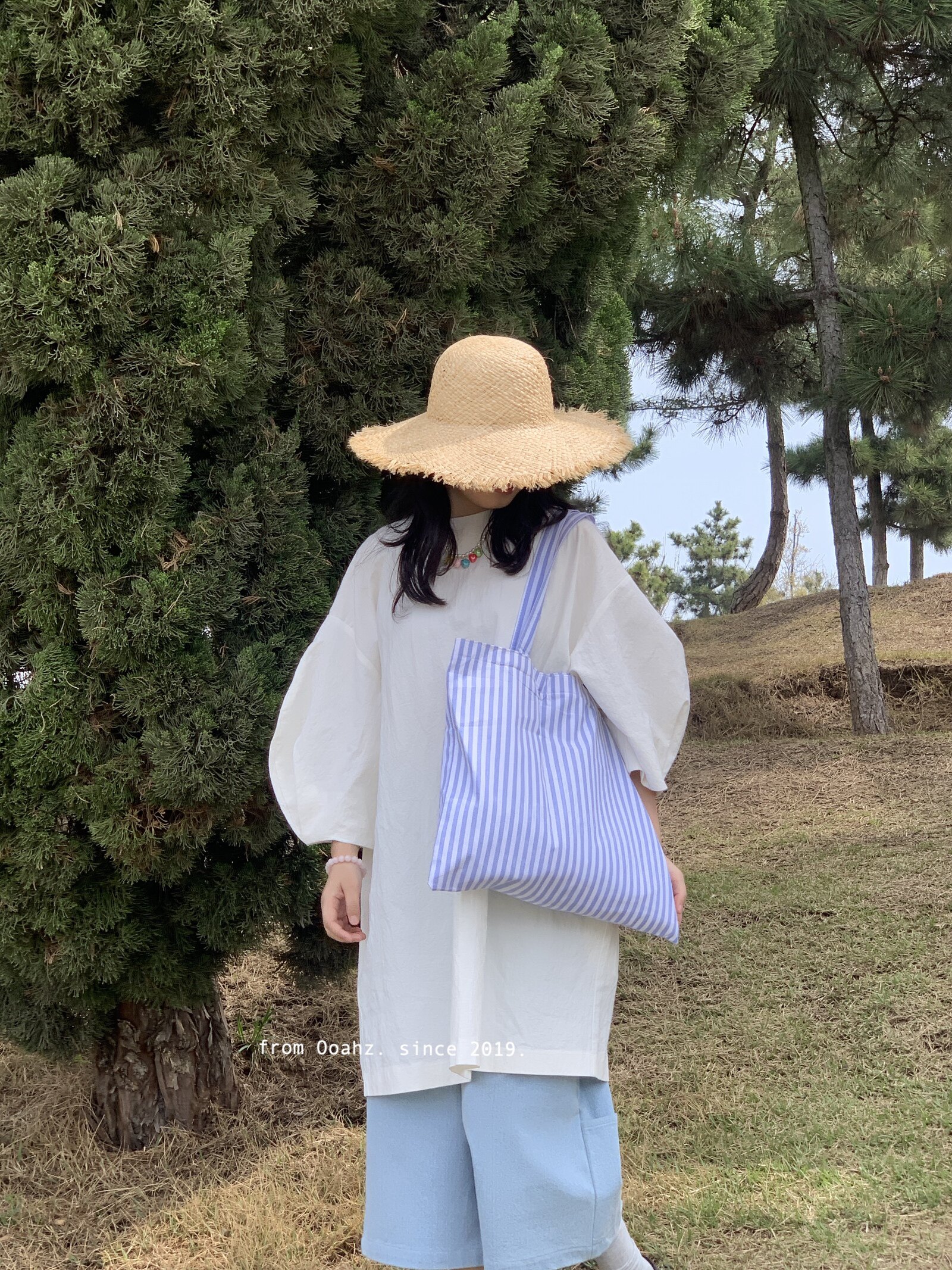 小麦岛.夏日清新条纹带拉链海边帆布包 上课通勤手提单肩包购物袋