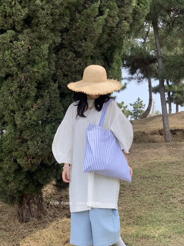 小麦岛.夏日清新条纹带拉链海边帆布包 上课通勤手提单肩包购物袋