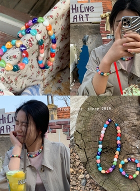 七彩琉璃 少女气质项链手链 小众设计彩色心形吊坠项链锁骨链配饰