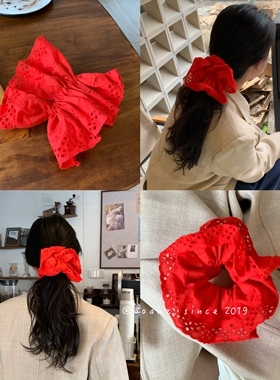 易梦玲同款双层红色花边蕾丝发圈法式复古温柔发饰镂空超大号发绳