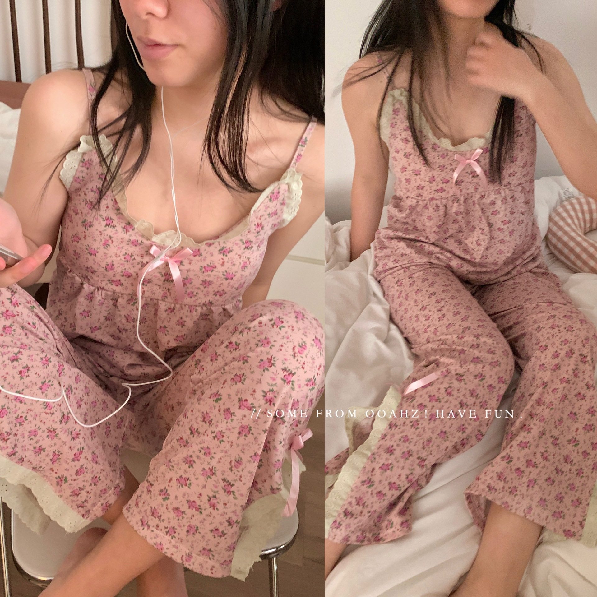 碎花吊带ins风带胸垫家居服套装