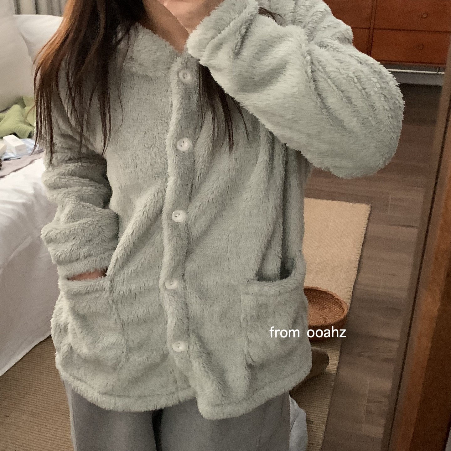 暖暖法兰绒~秋冬加厚毛绒上衣 纯色休闲家居服开衫宽松可外穿睡衣