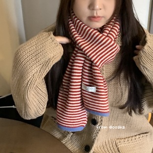 打破沉寂~仿羊绒条纹针织围巾秋冬高级感韩百搭情侣保暖围脖男女
