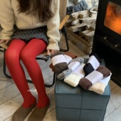 深情绯红 纯色本命红加裆打底袜秋冬百搭袜裤 韩国女团平板连裤 袜