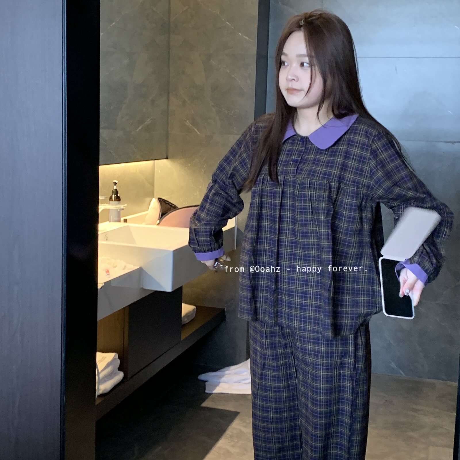 甜女品格~韩版格子ins复古甜美娃娃领长袖睡衣春季舒适家居服套装