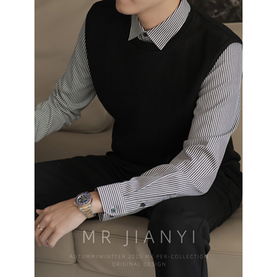 MR JIANYI 秋冬基础款条纹衬衫毛衣假两件休闲翻领长袖针织衫男款