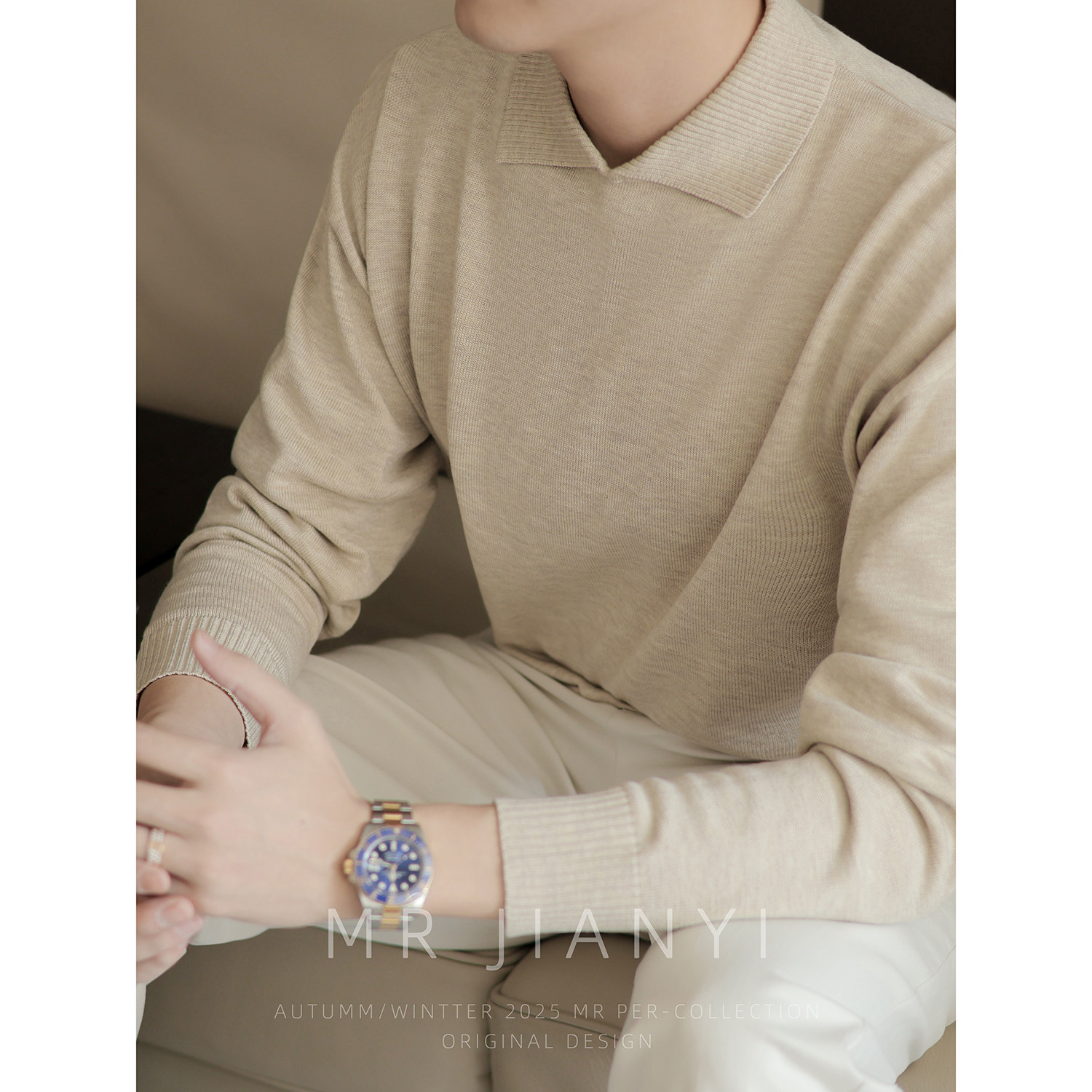 MR JIANYI 秋季轻量智性极简翻领毛衣绵羊毛混纺百搭打底针织衫男,男装,针织衫/毛衣,淘宝优惠券,粉丝福利购,淘宝优惠卷
