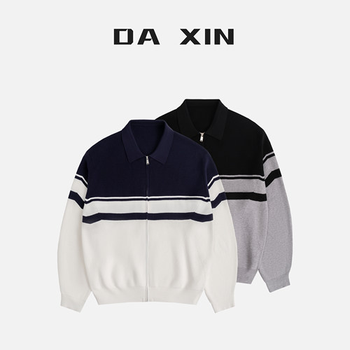 DA XIN秋冬时尚都市简约撞色翻领针织开衫商务休闲拉链毛衣外套男