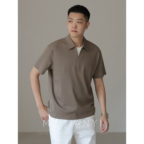 余痕假两件v领polo衫短袖T恤男