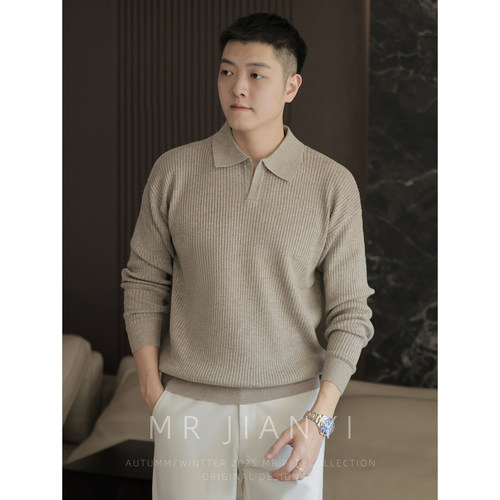 MR JIANYI 秋冬坑条肌理针织POLO衫奢感混纺休闲海鸥领长袖毛衣男