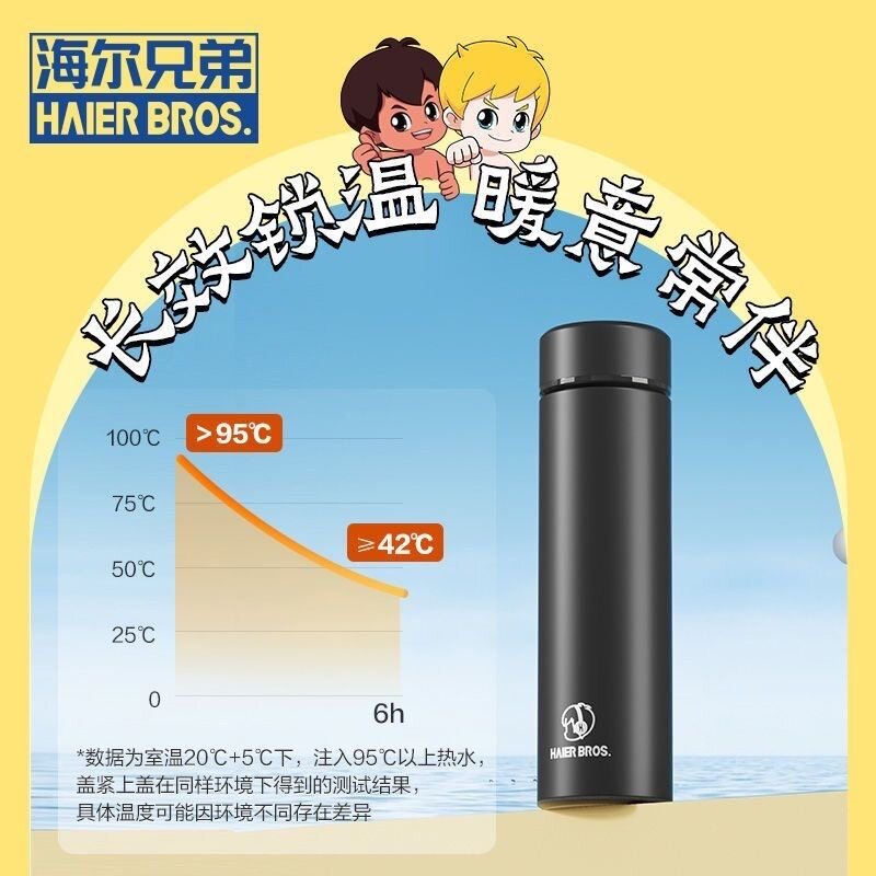 海尔兄弟保温杯304不锈钢便携车载水杯上学上班保温杯数显温度