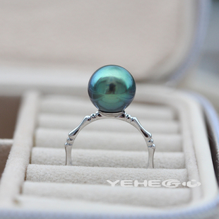 珍珠竹节戒指女18K金大溪地黑珍珠单珠正圆强光爆款气质送女生