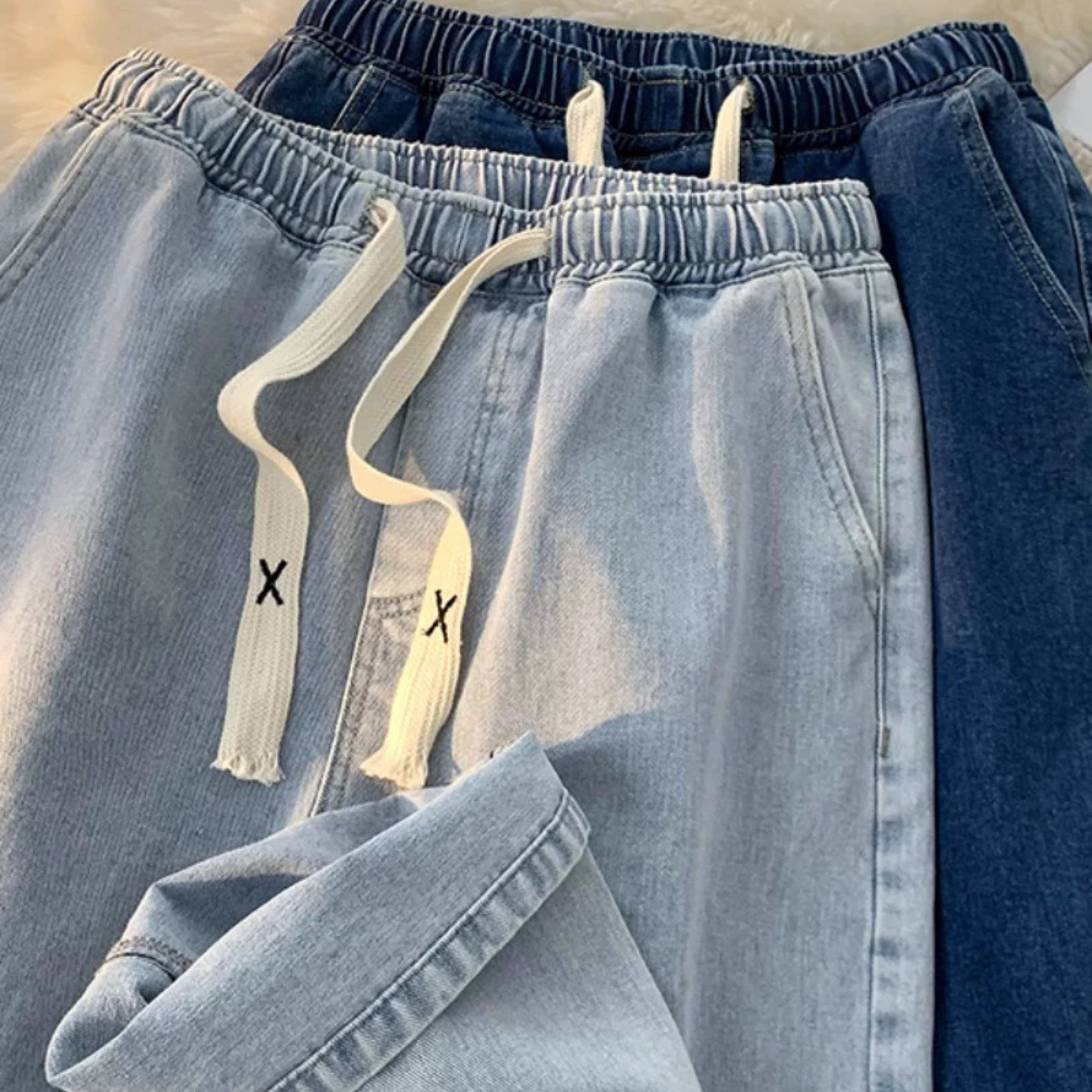 浅蓝色牛仔裤男直筒秋冬新款2025松紧腰休闲裤宽松休闲阔腿长裤潮