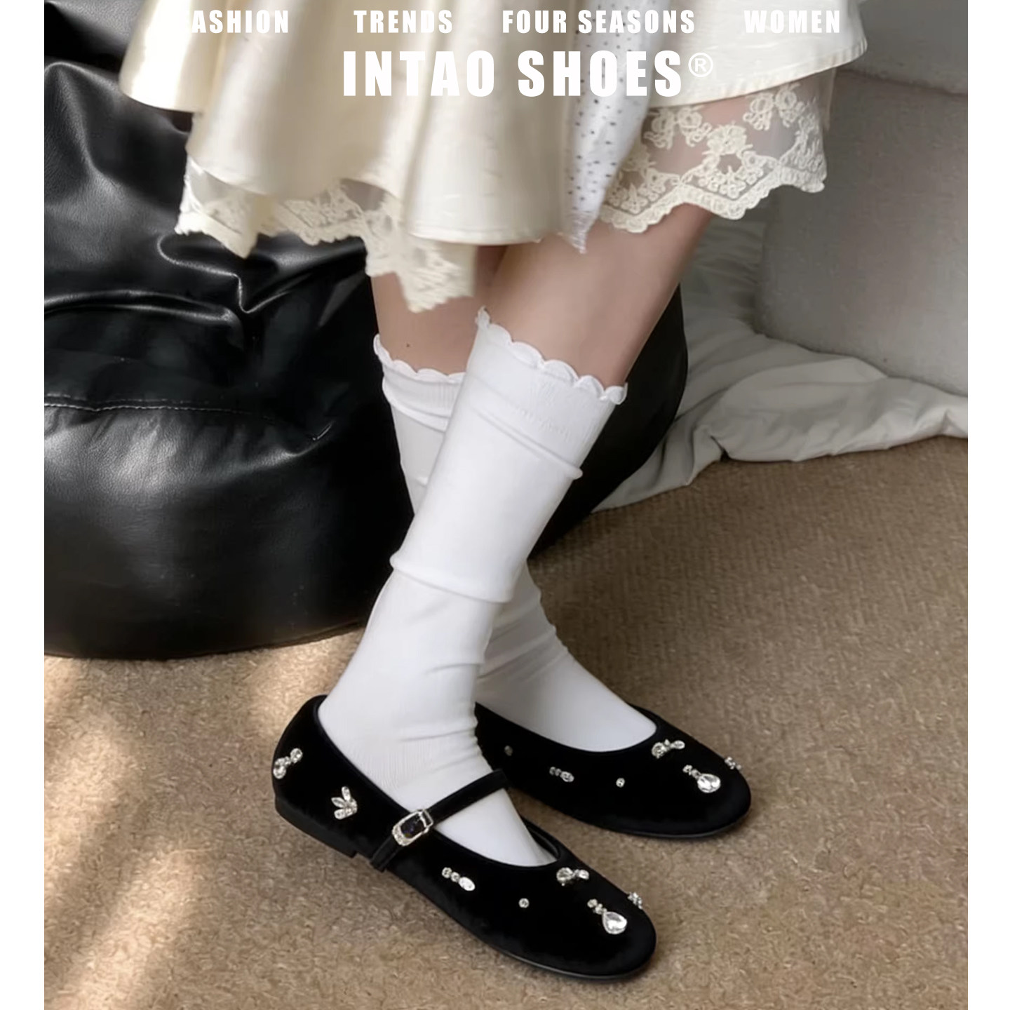 黑色绒面水钻玛丽珍单鞋女
