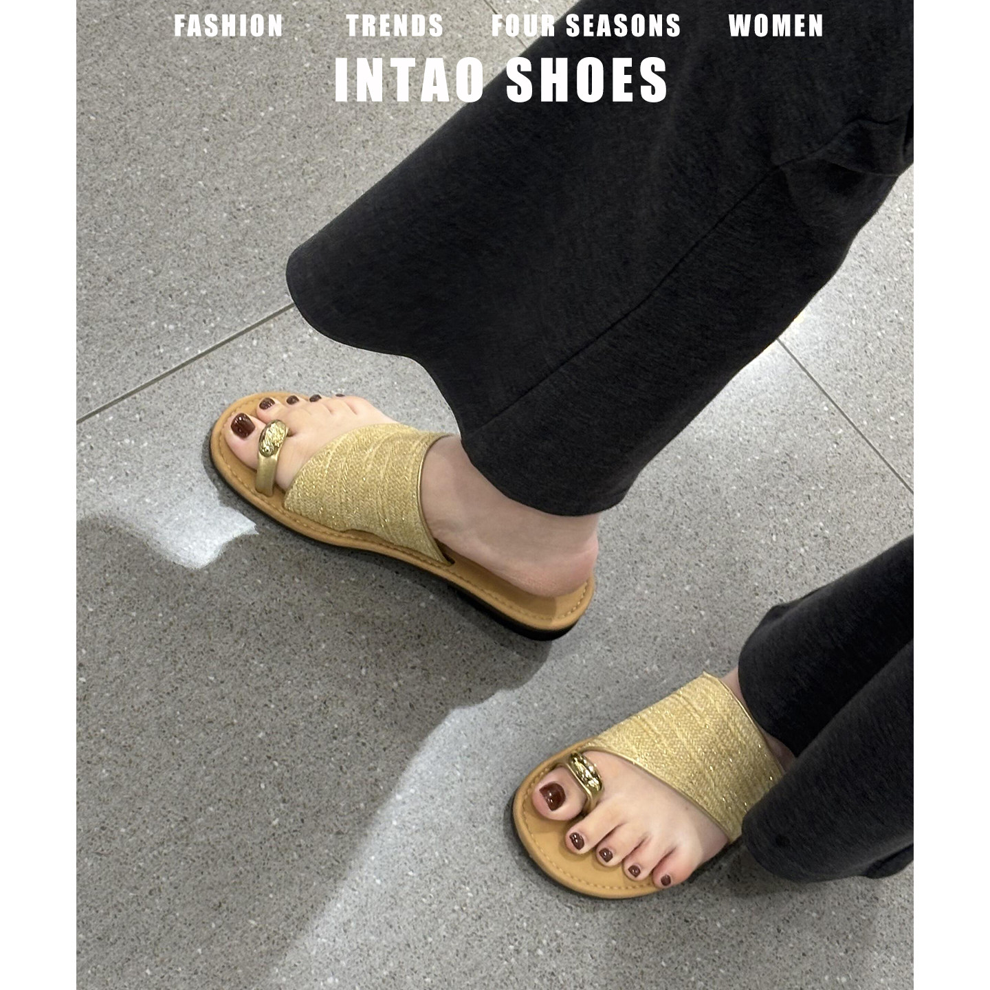 三亚海边度假套趾拖鞋女夏外穿配裙子2026新款编织沙滩鞋平底凉拖