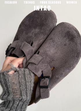 牛皮版~复古厚底增高勃肯鞋女2026春季新款一脚蹬软木包头半拖鞋