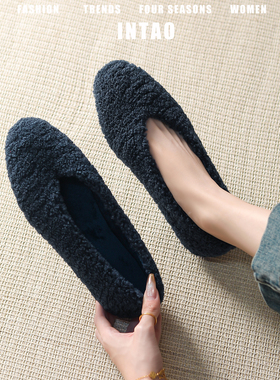 设计感小众蓝色平底毛毛单鞋女冬2025新款法式豆豆鞋一脚蹬奶奶鞋