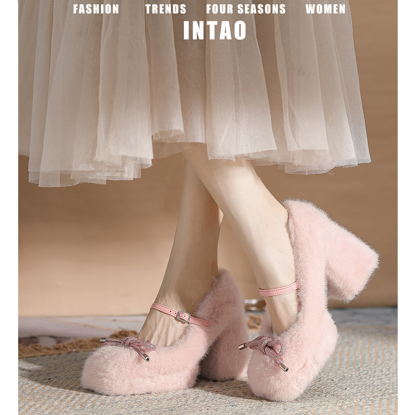 粉色蝴蝶结水钻加绒单鞋女2025秋冬新款玛丽珍毛毛鞋防水台高跟鞋,女鞋,玛丽珍鞋,淘宝优惠券,粉丝福利购,淘宝优惠卷