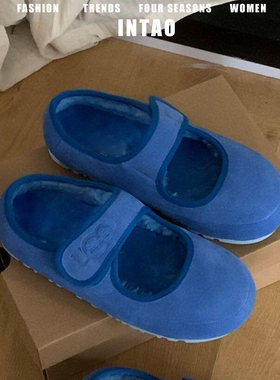 羊皮版~蓝色魔术贴玛丽珍毛毛鞋女冬2025新款加绒棉鞋厚底豆豆鞋