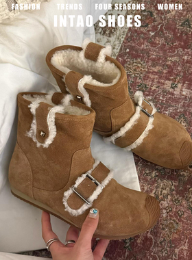 牛皮版~棕色内增高短筒雪地靴女冬加绒加厚保暖棉鞋复古毛毛靴子