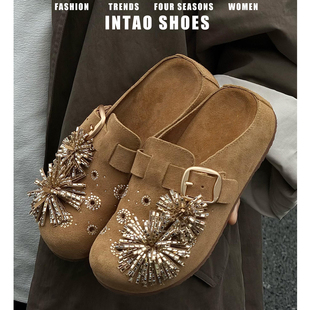 牛皮版~绝美水钻烟花朵勃肯单鞋女外穿2026新款一脚蹬厚底穆勒鞋