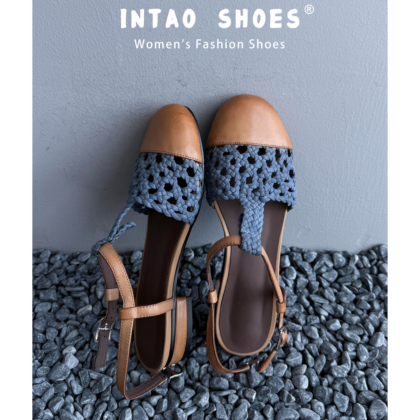 复古编织镂空包头凉鞋女外穿2026年夏季新款一字带法式低跟罗马鞋