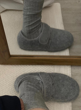 灰色丑萌豆豆毛毛鞋女外穿2025秋冬款加绒棉鞋魔术贴深口平底单鞋