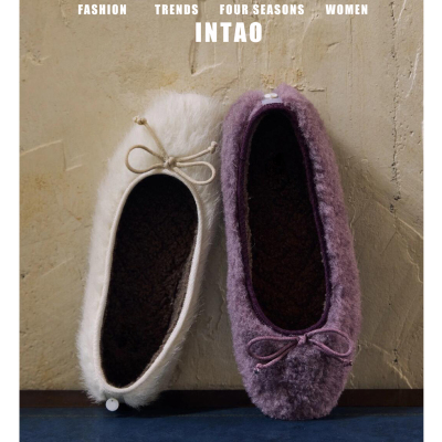 法式紫色蝴蝶结芭蕾毛毛鞋女