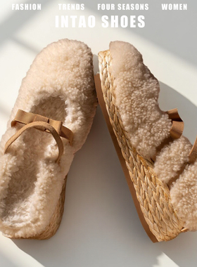 赵露思&许妍款一脚蹬白色厚底包头拖鞋女冬外穿内增高羊羔毛毛鞋