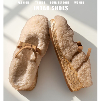 赵露思&许妍款一脚蹬白色厚底包头拖鞋女冬外穿内增高羊羔毛毛鞋