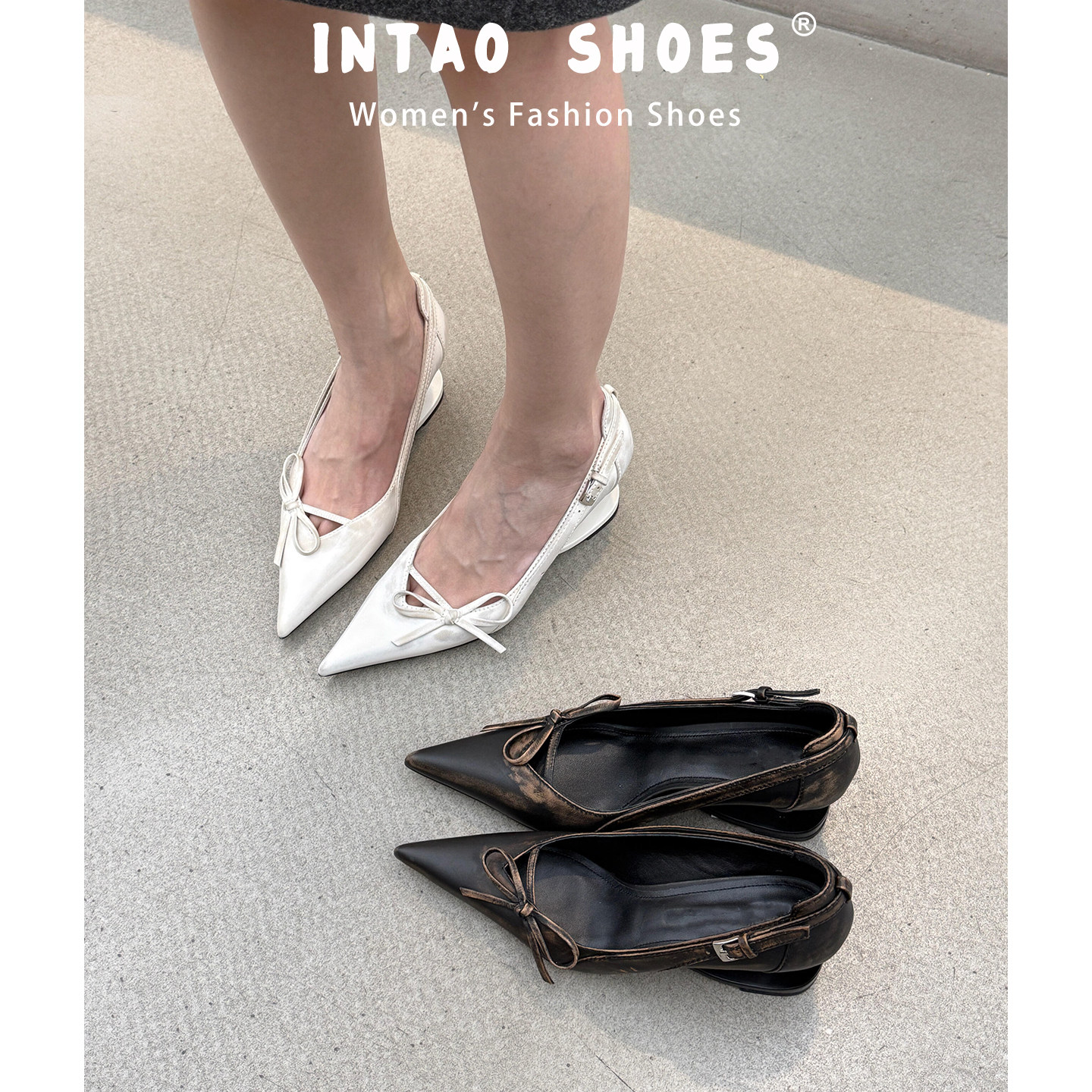 白色蝴蝶结尖头异型跟单鞋女2026新款设计感小众擦色悬浮跟高跟鞋