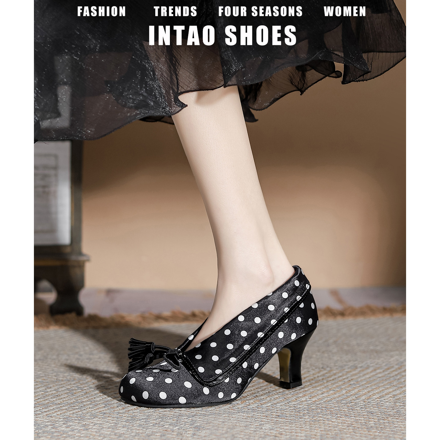 黑色波点缎面单鞋女配裙子2026春季新款流苏蝴蝶结绝美高跟鞋粗跟