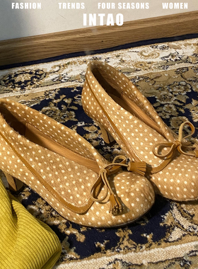 复古小众波点蝴蝶结浅口单鞋女粗跟2025新款法式甜美玛丽珍高跟鞋