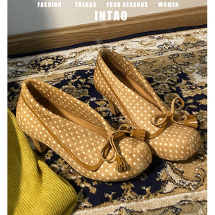 甜美玛丽珍高跟鞋 法式 女粗跟2025新款 复古小众波点蝴蝶结浅口单鞋