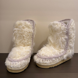 真皮毛一体羊羔毛毛鞋 中筒加绒加厚雪地靴厚底防滑棉靴 女外穿冬季