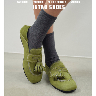 设计感小众绿色马毛流苏乐福鞋女2026新款一脚蹬平底两穿法式单鞋