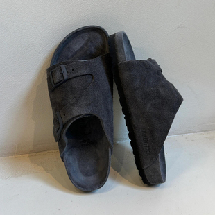 牛皮版~碳黑色一字勃肯拖鞋女夏2026新款大码一脚蹬厚底博肯凉拖