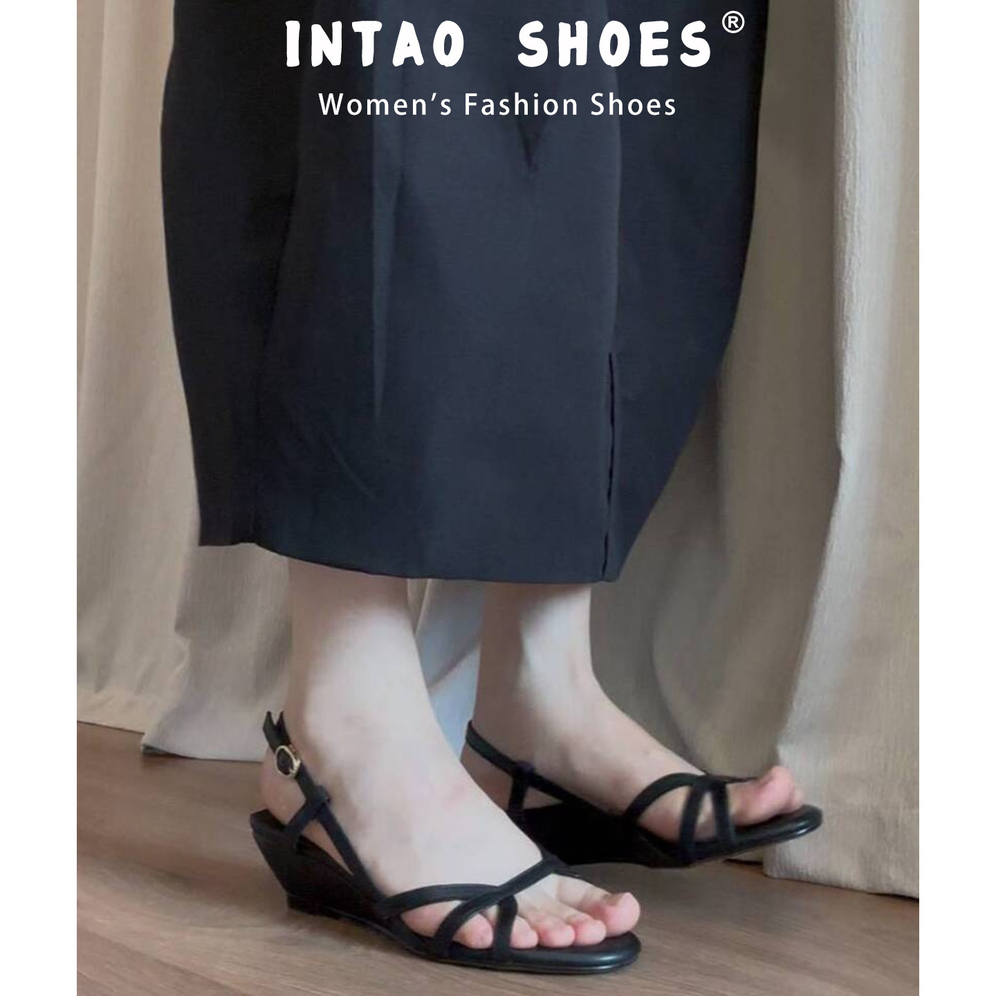 一字带黑色坡跟露趾凉鞋女夏季2026新款配裙子法式绝美气质高跟鞋