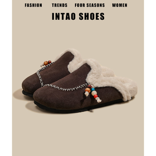 加绒包头穆勒鞋 半拖女2025新款 设计感小众编织串珠勃肯鞋 牛皮版