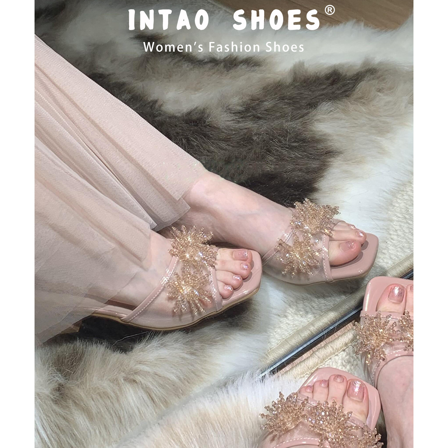 温柔仙女风网纱水钻拖鞋配裙子2026夏季新款法式方头绝美高跟凉鞋