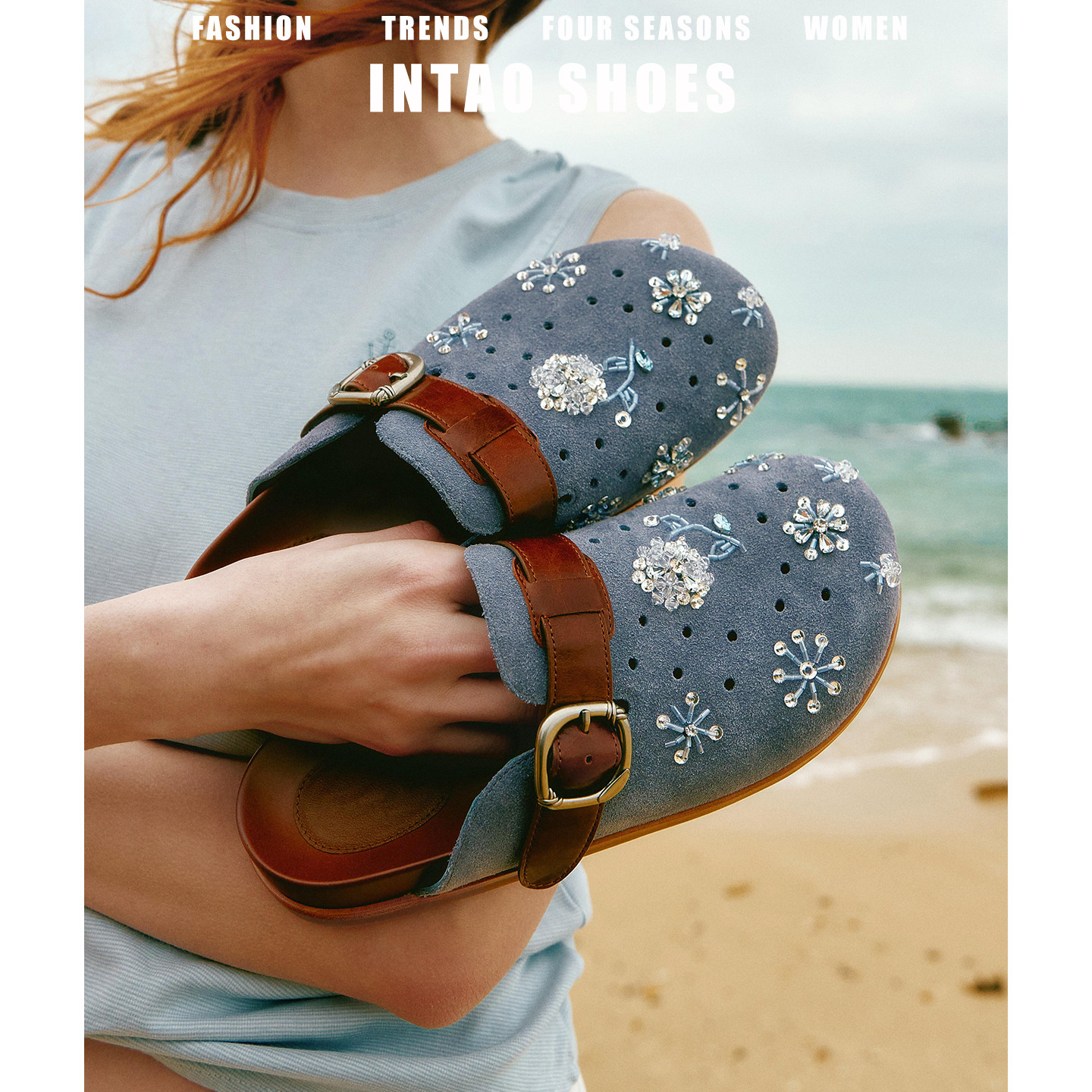 绝美蓝色水晶钻花朵洞洞勃肯鞋半拖女2026新款一脚蹬包头博肯单鞋