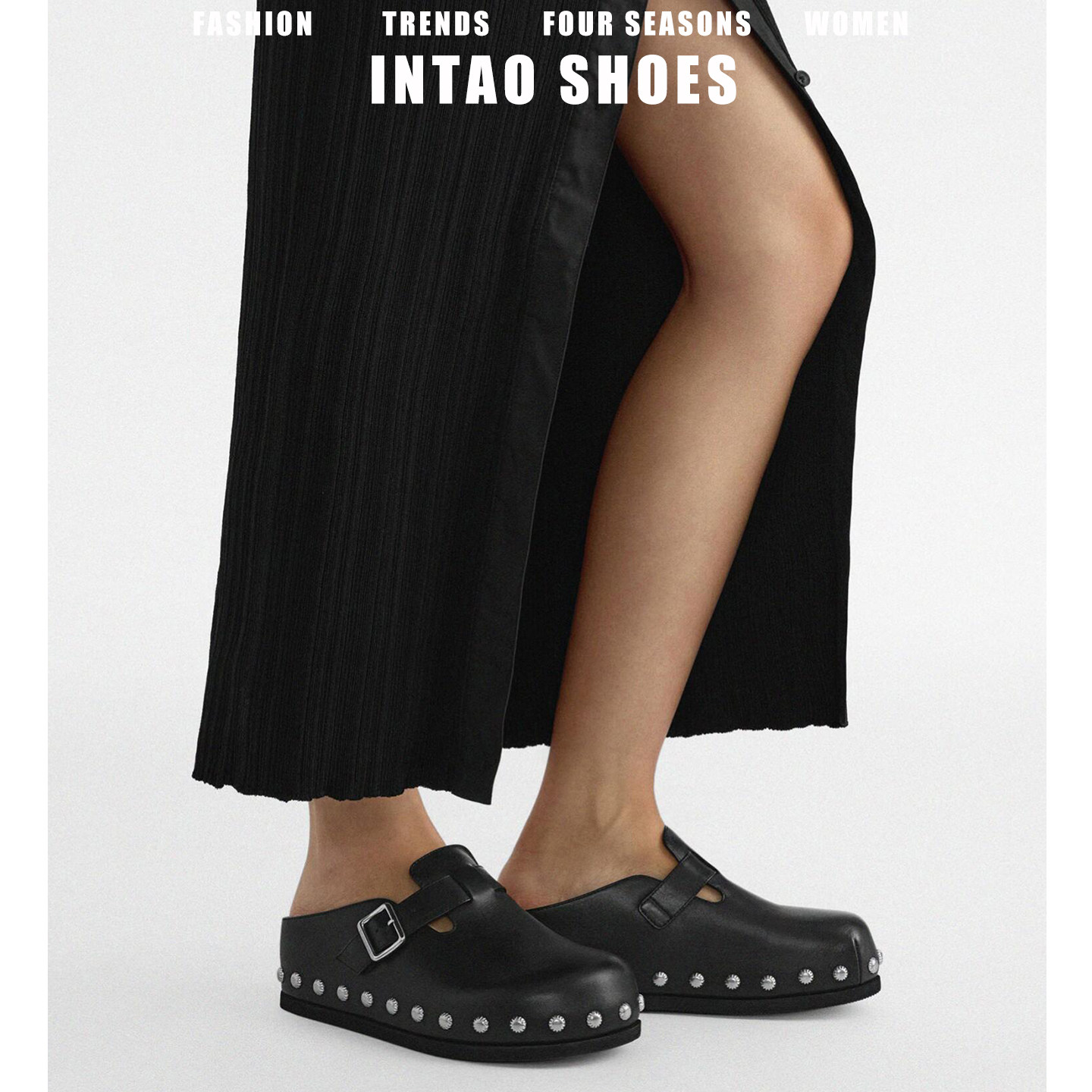 复古黑色厚底铆钉勃肯鞋半拖女2026春季新款一脚蹬半包头博肯单鞋