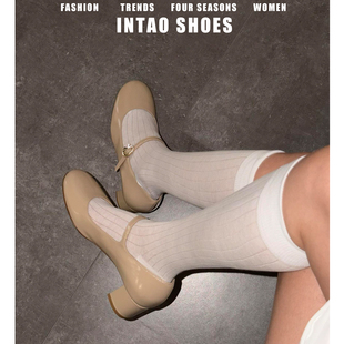 5CM玛丽珍高跟鞋女粗跟2026年春季新款一字扣带法式漆皮裸色单鞋